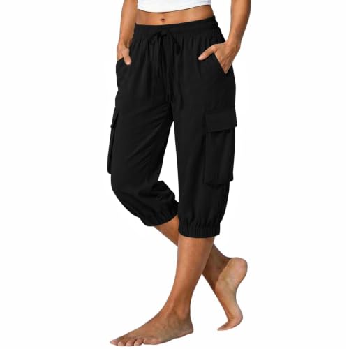 Cargo Capris for Women Elastic High Waisted Hiking Ease Casual 3/4 Cropped Pedal Pusher Parachute Pants Loose Oversized Plus Size Baggy Ladies Black Cotton Bottoms with Pockets Petite Pull On