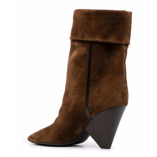 FOWT Women Pointed Toe Mid Calf Boots Special Chunky High Heel Booties Pull on Party Winter Western Shoes Size 4-16 US4