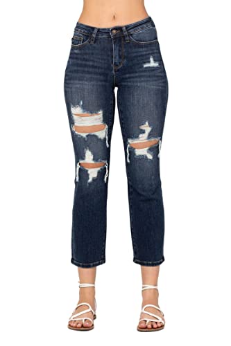 Judy Blue Women's Mid-Rise Ripped Cropped Straight Leg Jeans 88517