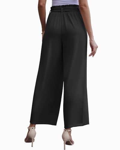 LOUSGUTA Paperbag Pants for Women Black Wide Leg Pants High Waisted Tie Knot Trousers with Pockets and Zipper2