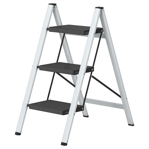 DIAMONDFORGE 3 Step Ladder, Lightweight Folding Step with Wide Anti-Slip Pedal & Feet, 330 lbs Capacity,Sturdy Steel Step Ladder for Home,Office and Library,Gray Black
