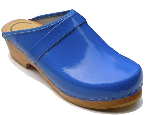 Sabots suédois bleu vernis pour femme avec semelle polyuréthane antiglisse
