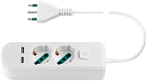 Vimar 0R00625.CC.B Presa multipla con interruttore e cavo da 1,5 m, 2 uscite SICURY universale standard italiano, 2 uscite USB A, spina standard italiano, bianco