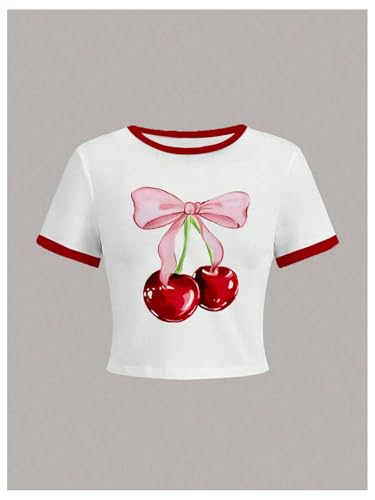Girl's Cherry Bow Crop Shirts Cute Short Sleeve Graphic Tees Summer Crew Neck Tight T Shirt3