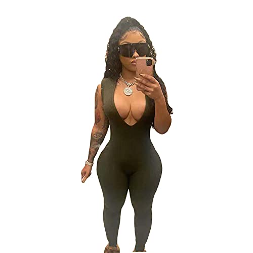 Women's Sleeveless Deep V Neck Long Sexy Bodycon Jumpsuit Workout Sports Jumpsuits One Piece Ribbed Biker Romper Clubwear (Black,Small) #TOP20