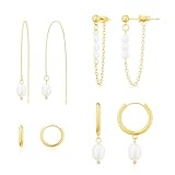 Moodear Gold Earrings for Women Non Tarnish - Trendy Pearl Dangle Drop Huggie Hoop Hypoallergenic Earring Sets for Multiple Piercing Cartilage Jewelry Gifts