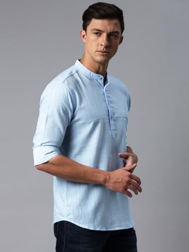 Image of KRYPTIC Men's Full Sleeve Regular Fit Short Kurta in Premium Pure Cotton with Patch Pocket and Mandarin Collar - Perfect Blend of Style and Comfort