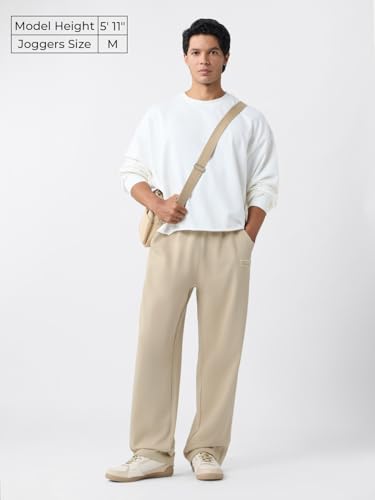 Image of The Souled Store Neutral Men and Boys Drawstringed Beige Solid Cotton Blend Oversized Joggers