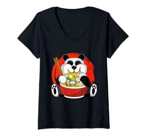 Femme Panda Panda Amoureux Rams Noodles Anime drôle Panda Kawaii T-Shirt avec Col en V
