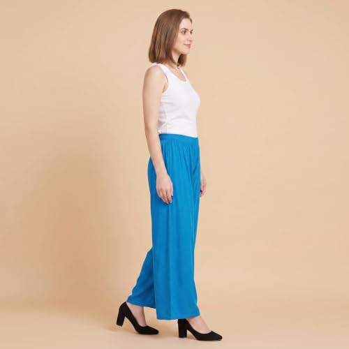 Image of FASHION GALLERY Women's Solid Rayon Palazzo Pants | Relaxed Fit Full Length Wide Leg Palazzo | Elastic Waist Comfortable Casual Lounge Office Ethnic Flared Trousers for Women