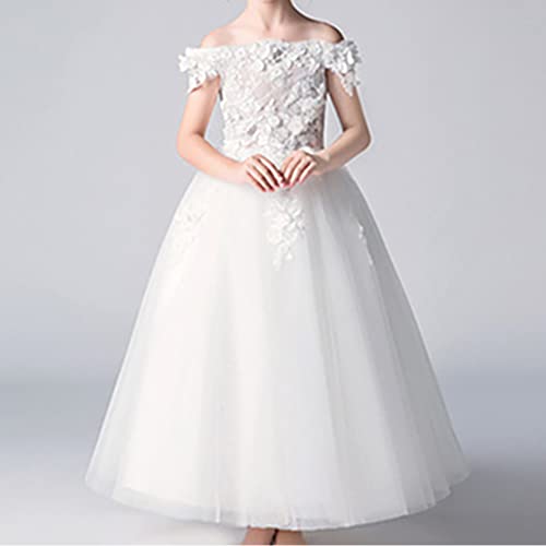 Flower Girl Dress Embroidery Lace Applique Beaded Off Shoulder Long Pageant Formal Wedding Party Dresses for Kids Baby Bridesmaid Birthday Communion Floor Length Tulle Ball Gowns White 9-10 Years2