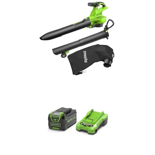 40V Akku-Laubsauger/Laubbläser Greenworks mit bürstenlosem Motor GD40BVII, 370 km/h, 14.17 m³/min, 45-Liter Fangsack, 3 Jahre Garantie & 2A Universal Ladegerät + 4Ah Lithium-Ionen Akku