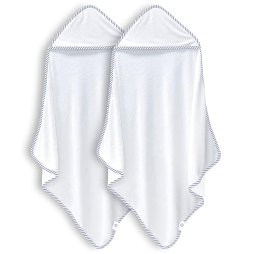 Image of BAMBOO QUEEN 2 Pack Baby Bath Towel - Rayon Made from Bamboo, Ultra Soft Hooded Towels for Kids - X Large Size for 0-7 Yrs (White and Stripe, 37.5 x 37.5 Inch)