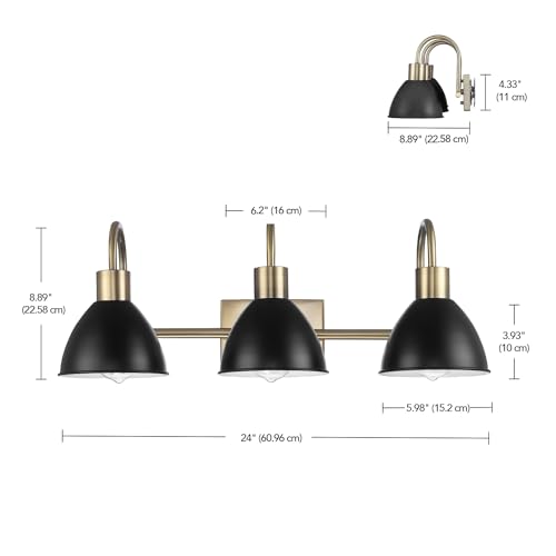 Image of GLOBE Electric 63000058 5-Piece All-in-One Bathroom Accessory Set, Brass & Black, 3-Light Vanity Light, Towel Bar, Toilet Paper Holder, Towel Ring, Robe Hook, Bathroom Lights Over Mirror