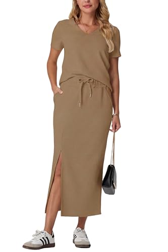 Image of GRECERELLE Women Summer Casual 2 Piece Sets V-Neck Wrinkle-Free Top & Elastic Waist Midi Side Slit Skirt with Pockets