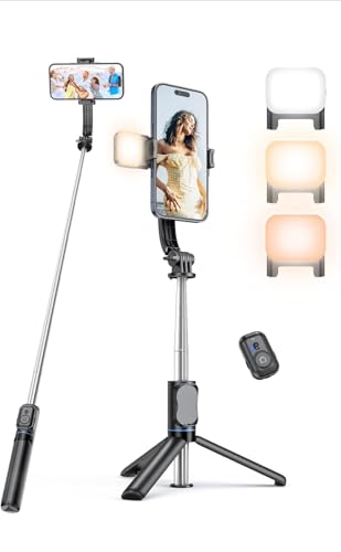 Caroline.170cm Trípode con luz LED para Móvil, Palo Selfie Tripode con Control Remoto Desmontable para Teléfono Móvil, Soporte de Trípode de Teléfono Compatible con iPhone/Samsung/GoPro/Cámara
