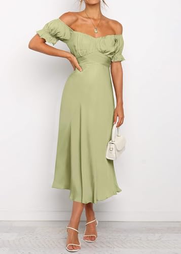 Image of KIRUNDO Women's Satin Summer Wedding Guest Cocktail Dress | 2026 Spring Fall Party Midi Dress, Silky, Elegant Off Shoulder Short Sleeve, Ruffle Mermaid Hem, Wrap Prom Formal Outfits