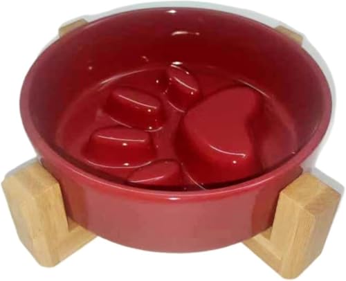 YAKINO 早食い防止ボウル スタンド付き 滑り止め 犬 食器 嘔吐防止 犬 ご飯台 首負担軽減 犬 餌入れ 陶器製 フードボウル 犬 大容量 陶器製早食い防止皿 ローズ 早食い防止 犬 えさ入れ 高さ傾斜 犬食器の台 小型犬 中型犬 大型犬 (レッド,