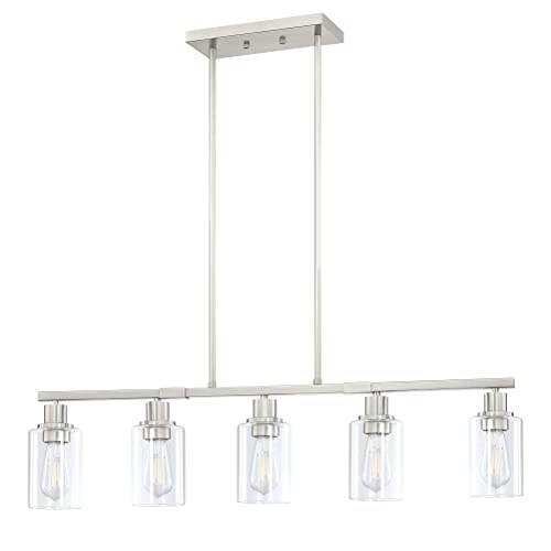 Dolaimy House 5 Light Modern Kitchen Island Chandelier Light 4.3 Inch Clear Glass Shade Brushed Nickel Pendant Lamp, Farmhouse Hanging Light Fixture for Kitchen Island Dining Room Bedside