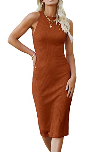 Image of PRETTYGARDEN Women's Summer Ribbed Bodycon Midi Dresses | Soft Stretchy Knit, Sleeveless Tank Dress, Slim Fitted, Elegant Spring Outfit for Work, Vacation Travel, Date Night, Party