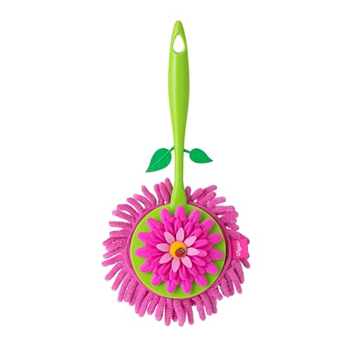 Vigar Flower Power Microfiber Duster with Comfortable Non-Slip Handle, Detachable Washable Duster Head, Green and Pink