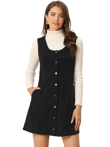 Allegra K Damen Ärmellos U-Ausschnitt Samt Knopfleiste Lässig Latzkleid Minikleid Kleid Schwarz L