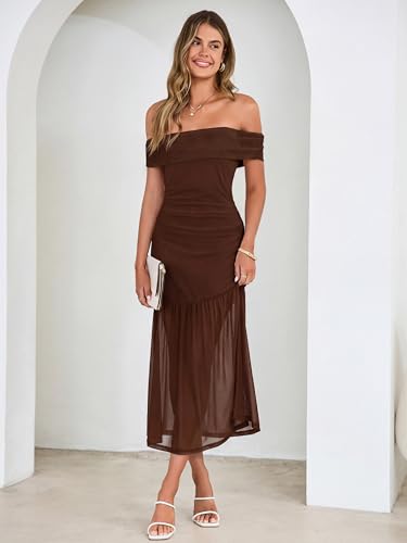 Simplee Womens Summer Off Shoulder Maxi Dress 2026 Ruched Bodycon Flowy Tulle Formal Cocktail Wedding Guest Long Dresses Brown — view 3