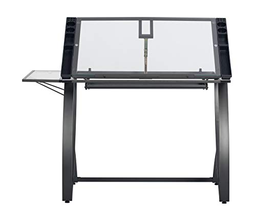 Sd Studio Designs Futura Luxe Drawing, Drafting, Craft Table With Drawer, 35" Wide Angle Adjustable Top And Side Shelf, Pewter Grey/Clear Glass #TOP3