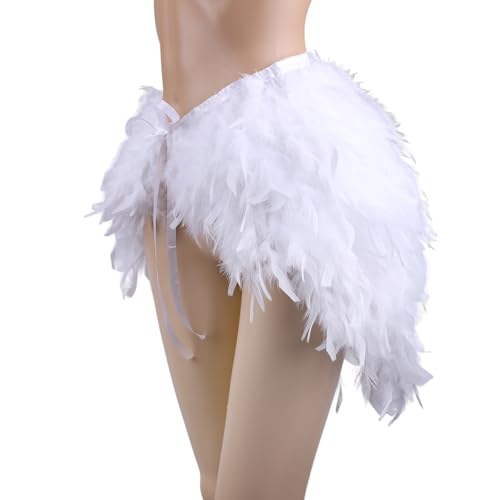 Womens Feather Skirt Mini A-line Feathered Tutu Skirt Tie-on Belt Mini Dance Skirts for Halloween Carnival Party White