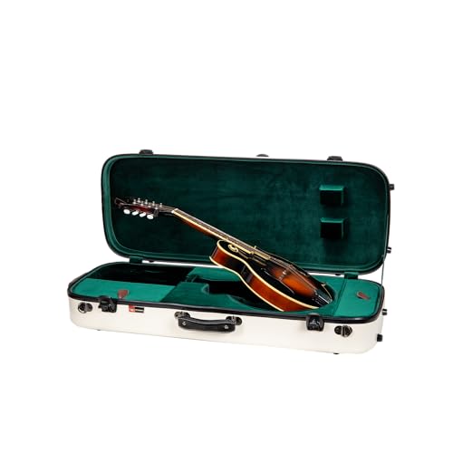 Image of Crossrock Fiberglass Mandolin Case - Oblong for A & F-Style (Universal Fit) | Milky White Gloss, Forest Green Velvet, TSA Lock, Hygrometer, Backpack Straps - Pro Travel Series