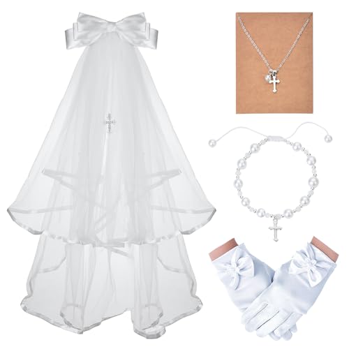 Girls First Communion Veil White Gloves Costume Accessories 4 Piece Set (Bow Gloves Cross Veil)