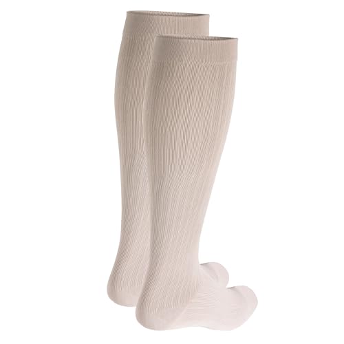 Image of NuVein Men's Compression Socks, 20-30 mmHg Support, Dress Trouser Style, Over Calf Knee High, Tan, Small