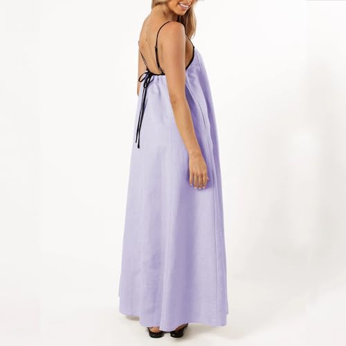 Image of Senllen Women's Linen Dress Summer Loose Flowy Sundress Contrast Spaghetti Strap Sleeveless Backless Beach Maxi Long Dresses