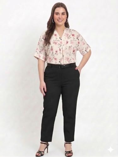 Image of SINDOORI Relaxed Fit Tops for Women Plus Size Solid Printed Mandarin Collar, Band Collar, V-Neck Top, Half Sleeve Loose Fit