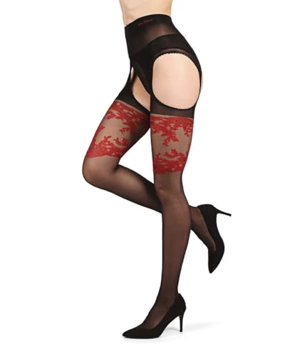 Image of Women's Lady In Red Suspender 20 Denier Sheer Pantyhose