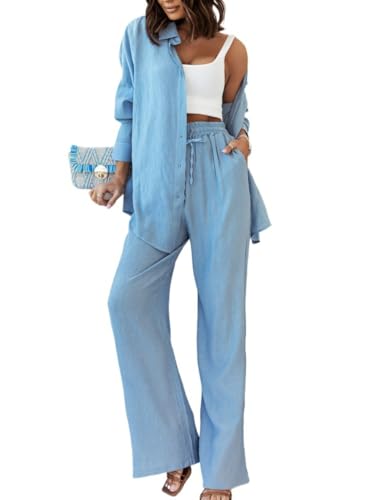 TOVPAO Women's linen long sleeved button up shirt wide leg