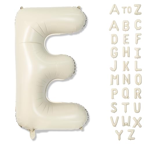 Globo de letras grandes E, 40 pulgadas, alfabeto de helio y mylar de arena blanca crema para personalizar el nombre, autoinflable de papel de aluminio beige, letra personalizada para niñas, fiesta de