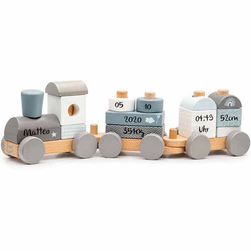 Personalisierte Holzeisenbahn blau - Personalisierte Geschenke Baby I Steckspielzeug I Geschenk zur Geburt Junge I Holzzug mit Name & Geburtsdaten - Label Label