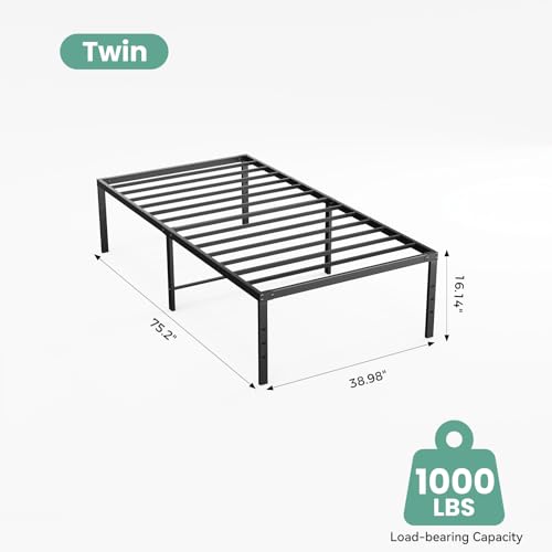 Image of Sweetcrispy Twin Size 16 Inch Platform Bed Frame, Heavy Duty Metal Foundation Frame, Noise-Free Sturdy Steel Slats, Underbed Storage, No Box Spring Needed, Quick Setup