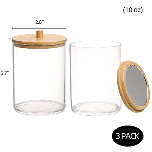 Tbestmax 10-Ounce Plastic Qtip Holder Apothecary Jars Bamboo Lids With Mirror, Cotton Ball Swab Pad Dispenser Bathroom Canisters (3 Pack) #TOP1