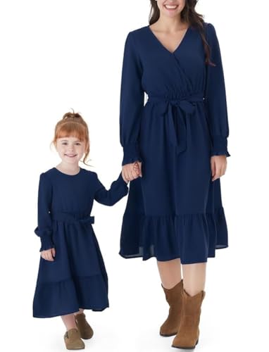 PATPAT Mutter Tochter Kleid Set Langarm Stitching Einfarbig Familienoutfits, Kleider für Mädchen Partnerlook, Mama Tochter Strandkleid, Mutter Baby Partnerlook, Blau, Damen: S