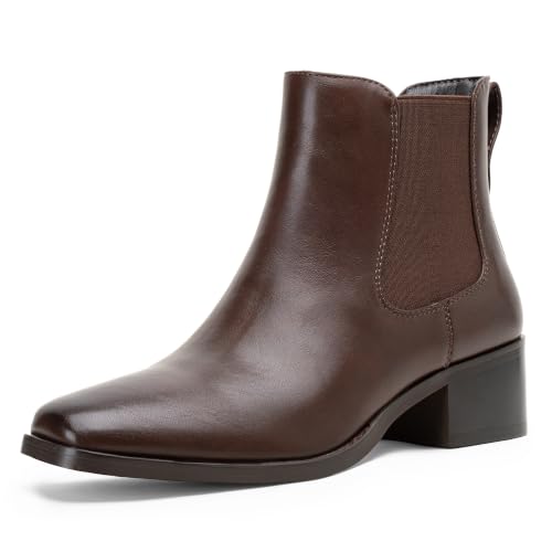 Vepose Women's Chelsea Ankle Boots, Square Toe Pull-On Low Block Heel