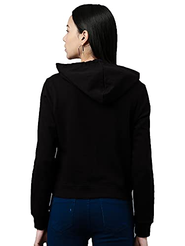 Image of Maniac Women's Solid Round Neck Full Sleeve Black Zip Cotton Sweatshirt