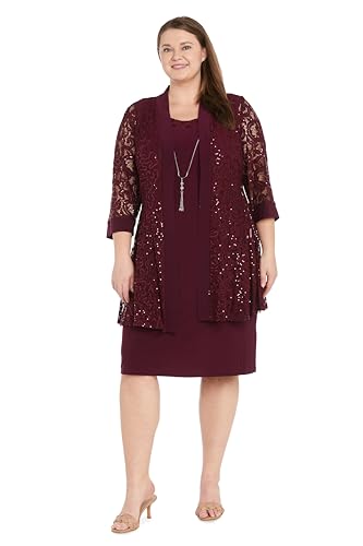 Image of R&M Richards Women's Embellished Sequin Lace Jacket and Shift Dress with Necklace for Mother of the Bride & Cocktail Party