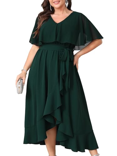 Women Plus Size Long Formal Dress Short Sleeve Chiffon Ruffle V Neck High Low Split Wedding Guest Maxi Dresses