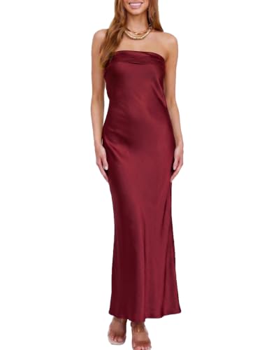 Image of Realtix Summer Satin Strapless Backless Maxi Dress for Women Wedding Guest