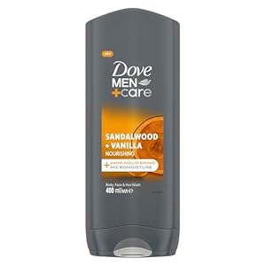 Dove Men+Care Sandalwood + Vanilla 3-in-1 Hair, Face and Body Wash Body Cleanser shower gel with MicroMoisture technology for 24 hour nourishment 400 ml