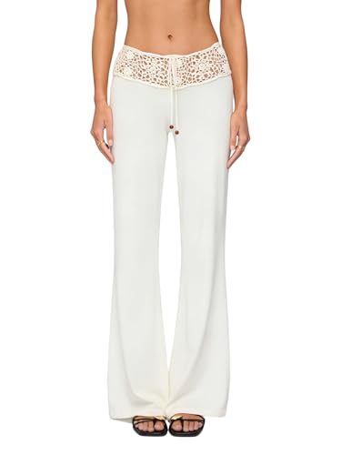 Image of Anuedgis Women's Summer Beach Cover Up Pants Y2K Crochet Waist Wide Leg Pant Casual Stretchy Going Out Boho Trousers (A-White, S)