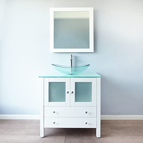 Qierao 30" Freestanding Wooden Modern Bathroom Vanity Vessel Sink Set Bathroom Mirror Included (Clear Glass Sink) #TOP9