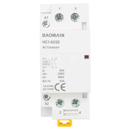 Baomain 110V AC 2-Pole Modular Contactor, 63A 2NO Normally Open, DIN Rail Mount for HVAC, Motor, Pump & Lighting Control BCT-63/20, HC1-63/20-110VAC